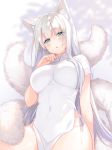 1girl animal_ear_fluff animal_ears blue_eyes blurry breasts china_dress chinese_clothes covered_navel dress fox_ears fox_girl fox_tail hand_up kitsune kurasawa_moko large_breasts long_hair looking_at_viewer original panties parted_lips pelvic_curtain short_sleeves side-tie_panties solo sweatdrop tail thighs underwear very_long_hair white_dress white_hair 