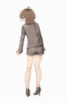  1girl brown_hair commentary_request dagashi_kashi glasses high_heels highres jacket kotoyama looking_at_viewer medium_hair owari_hajime shorts simple_background solo white_background 