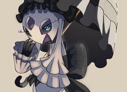  alternate_color back_bow beige_background black_bow black_hairband black_sclera blue_eyes bow commentary_request frilled_hairband frilled_sleeves frills froslass gen_4_pokemon gothic_lolita hairband half-closed_eyes hand_up lolita_fashion looking_at_viewer no_humans parasol pokemon pokemon_(creature) sash simple_background solo umbrella yukifuri_tsuyu 