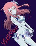  1girl ball bikini blue_skin dated highres long_hair looking_at_viewer minamoto_sakura musukichi open_mouth red_eyes redhead ribbon simple_background swimsuit zombie zombie_land_saga 