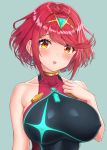  1girl :o bangs blush breasts collarbone competition_swimsuit covered_nipples earrings gem highres pyra_(xenoblade) jewelry large_breasts looking_at_viewer one-piece_swimsuit red_eyes redhead short_hair simple_background solo sssemiii swept_bangs swimsuit tiara upper_body xenoblade_(series) xenoblade_2 
