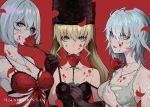  artist_request bandaged_arm bandages bangs blonde_hair breasts code_vein copyright dress eva_(code_vein) facial_scar flower frown green_eyes hat highres io_(code_vein) large_breasts long_coat looking_at_viewer mia_karnstein multicolored_hair official_art open_mouth petals platinum_blonde_hair purple_flower purple_rose red_background red_dress red_flower red_rose rose scar short_hair short_twintails silver_hair small_breasts smile strap_slip streaked_hair swept_bangs tagme torn_clothes twintails 