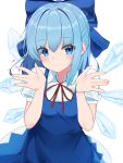  1girl bangs blue_bow blue_dress blue_eyes blue_hair bow cirno collared_shirt dress eyebrows_visible_through_hair hair_between_eyes hair_bow hands_up highres ice ice_wings long_hair neck_ribbon puffy_short_sleeves puffy_sleeves red_ribbon ribbon shirt short_sleeves simple_background sleeveless sleeveless_dress solo touhou upper_body w.k white_background white_shirt wings 