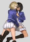  2girls andou_(girls_und_panzer) bangs bc_freedom_military_uniform black_hair blonde_hair dark_skin girls_und_panzer highres itou_(golem_inc) medium_hair messy_hair multiple_girls open_mouth oshida_(girls_und_panzer) skirt straddling thighs yuri 