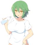  1girl bottle breasts green_hair highres hikage_(senran_kagura) ichiryuu_tsumiki large_breasts pinky_out senran_kagura shirt solo water_bottle white_background white_shirt yellow_eyes 