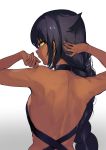  1girl absurdres arms_up black_hair braid breasts dark_skin expressionless from_behind gradient gradient_background hair_flaps hair_over_shoulder halterneck highres jahy jahy_sama_wa_kujikenai konbu_wakame long_hair looking_at_viewer looking_back medium_breasts official_art parted_lips profile simple_background slit_pupils solo sweat yellow_eyes 