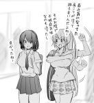  2girls afterimage bag blurry blurry_background breasts collared_shirt greyscale large_breasts long_hair monochrome multiple_girls necktie open_mouth original pleated_skirt ryouma_(galley) school_bag school_uniform shirt short_hair short_sleeves skirt translation_request 