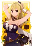  1girl bangs bare_shoulders black_skirt blonde_hair blush breasts eyebrows_visible_through_hair fairy_tail flower hair_between_eyes hair_ribbon large_breasts long_hair lucy_heartfilia ponytail purple_shirt ribbon rizky_(strated) shirt skirt solo sunflower tongue tongue_out whip 