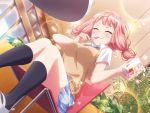 1girl bang_dream! blush closed_eyes dress holding_cup lamp official_art pink_hair plant school_uniform short_hair smile solo sparkle spoon_in_mouth uehara_himari window