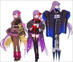  &gt;:) 3girls bb_(fate)_(all) bb_(fate/extra_ccc) black_footwear black_kimono black_legwear blue_bow blue_eyes boots bow brown_legwear closed_mouth fate/extra fate/extra_ccc fate_(series) gloves hair_bow hakusai_(tiahszld) hands_on_hips high_heel_boots high_heels japanese_clothes kimono kimono_skirt layered_skirt long_hair long_sleeves meltryllis multiple_girls o-ring obi pantyhose passion_lip pink_bow pleated_skirt purple_hair red_bow sash short_kimono simple_background skirt sleeves_past_fingers sleeves_past_wrists smile striped thigh-highs thigh_boots v-shaped_eyebrows vertical-striped_skirt vertical_stripes very_long_hair violet_eyes white_background white_gloves wide_sleeves 