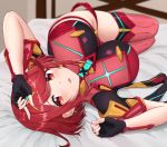  1girl bangs blurry breasts depth_of_field earrings eyebrows_visible_through_hair fingerless_gloves foreshortening gloves pyra_(xenoblade) jewelry large_breasts looking_at_viewer lying on_back on_bed parted_lips red_eyes red_shorts redhead short_hair short_shorts shorts shoulder_armor smile solo sssemiii swept_bangs thigh-highs tiara xenoblade_(series) xenoblade_2 