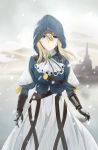  1girl absurdres alternate_costume assassin&#039;s_creed_(series) belt blonde_hair blue_eyes cloak commentary_request highres hood hood_up hooded_cloak long_hair long_sleeves looking_at_viewer rko_(a470350510) solo violet_evergarden violet_evergarden_(character) 