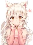  1girl :3 animal_ear_fluff animal_ears bare_shoulders bell brown_eyes cat_ears cat_girl cat_tail choker closed_mouth collarbone hands_on_own_cheeks hands_on_own_face hands_up heart highres jingle_bell long_hair long_sleeves looking_at_viewer original pink_shirt sakura_ani shirt simple_background smile solo spoken_heart tail upper_body white_background white_hair 