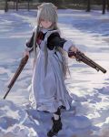  1girl animal_ears apron boots cat_ears dual_wielding fkey forest grey_hair gun hair_between_eyes highres holding holding_gun holding_weapon maid maid_apron musket nature original outdoors snow solo violet_eyes weapon white_legwear 