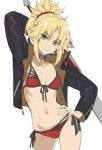  1girl arm_behind_back arm_up bangs bikini black_jacket blonde_hair braid breasts clarent closed_mouth collar collarbone fate/apocrypha fate_(series) french_braid green_eyes hair_ornament hair_scrunchie hand_on_hip highres jacket long_hair long_sleeves looking_at_viewer mordred_(fate) mordred_(fate)_(all) navel open_clothes open_jacket ponytail red_scrunchie scrunchie side-tie_bikini sidelocks simple_background small_breasts smile solo swimsuit sword thighs tonee weapon zipper_pull_tab 