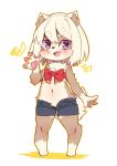  1girl :3 animal_ear_fluff animal_ears bangs bare_shoulders barefoot blonde_hair blue_shorts blush bow claws dog_ears dog_tail eyebrows_visible_through_hair fang flat_chest full_body furry groin hand_up happy heart highres looking_at_viewer navel no_humans open_fly open_mouth original pawpads paws red_bow red_ribbon ribbon shiny shiny_hair short_hair short_shorts shorts simple_background smile solo standing tail unbuttoned violet_eyes waving white_background yuuki_(yuyuki000) 