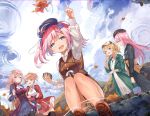  5girls :d autumn_leaves azur_lane bag bangs baseball_cap belt belt_buckle beret black_belt black_dress black_headwear black_legwear blue_dress blue_sky blush bow breasts brown_bow brown_eyes brown_hair brown_headwear brown_panties brown_shorts brown_vest buckle character_request clouds cloudy_sky collared_shirt commentary_request day dress eyebrows_visible_through_hair green_jacket hair_between_eyes handbag hat high_ponytail holding holding_bag jacket long_hair long_sleeves medium_breasts mosta_(lo1777789) mountain multiple_girls one_side_up open_clothes open_jacket open_mouth outdoors outstretched_arm panties pantyhose pink_hair pleated_dress pocket_watch pointing ponytail purple_dress quincy_(azur_lane) red_dress reflection ripples saratoga_(azur_lane) shawl shirt short_shorts shorts shoulder_bag sky small_breasts smile underwear upper_teeth very_long_hair vest violet_eyes watch water white_dress white_shirt 