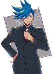  1boy adjusting_clothes blue_eyes blue_hair formal galo_thymos hand_on_hip male_focus mt966 necktie promare solo sparkle spiky_hair suit 