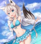  1girl absurdres ahoge animal_ear_fluff animal_ears armpits bangs bare_shoulders beach bikini bikini_skirt bikini_top blue_eyes blush braid breasts clenched_hand clouds cloudy_sky collarbone eyebrows_visible_through_hair fox_ears fox_girl fox_tail hair_between_eyes hand_on_own_chin hand_up highres hololive hood hood_down hoodie huge_filesize island large_breasts long_hair long_sleeves looking_away namekuji_ojiichan official_alternate_costume open_clothes open_hoodie open_mouth outstretched_arm shirakami_fubuki side_braid silver_hair sky sleeves_past_wrists solo sunlight swimsuit tail thighs twin_braids virtual_youtuber water wavy_mouth 