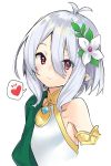  1girl ahoge armlet bare_shoulders cape eyes_visible_through_hair flower green_cape hair_between_eyes hair_flower hair_ornament heart highres kokkoro_(princess_connect!) pointy_ears princess_connect! princess_connect!_re:dive sawayaka_samehada short_hair silver_hair simple_background solo 