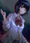  1girl bangs black_hair blunt_bangs bow clouds cloudy_sky earrings hair_ornament hairclip hisahisahisahisa jewelry navel night night_sky original outdoors parted_lips railing rain red_bow see-through short_hair skirt sky smile solo unbuttoned unbuttoned_shirt v violet_eyes wet 