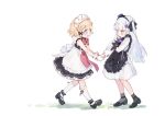  2girls apron black_apron black_cat black_footwear blonde_hair blue_eyes braid cat child dress frilled_apron frills g36_(girls_frontline) girls_frontline glasses gloves green_eyes hair_ornament hk416_(girls_frontline) holding_hands kneehighs long_hair long_sleeves maid maid_apron maid_headdress multiple_girls open_mouth round_eyewear shoes short_hair shuzi silver_hair sleeveless sleeveless_dress smile waist_apron white_apron white_dress white_gloves white_legwear younger 