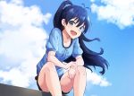  1girl :d antenna_hair arjent blue_eyes blue_hair blue_ribbon blue_scrunchie blue_shorts blue_sky blue_sweater clouds collarbone earrings fang floating_hair from_below ganaha_hibiki hair_between_eyes hair_ornament hair_scrunchie high_ponytail highres idolmaster idolmaster_(classic) jewelry long_hair looking_at_viewer open_mouth ribbon scrunchie shiny shiny_hair short_shorts short_sleeves shorts sitting sky smile solo sweater very_long_hair 