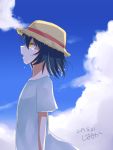  1girl alternate_hair_length alternate_hairstyle artist_name bangs black_hair blue_sky brown_eyes brown_headwear clouds cloudy_sky commentary crying crying_with_eyes_open dated day dress from_side girls_und_panzer hat highres jimanaka_(yukinosingun) long_hair medium_hair open_mouth outdoors reizei_mako short_sleeves signature sky solo standing straw_hat tears upper_body white_dress 