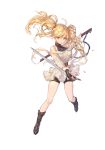  1girl ahoge ankle_boots bangs bare_shoulders black_footwear black_shorts blonde_hair boots brown_eyes granblue_fantasy hair_between_eyes highres holding holding_sword holding_weapon long_hair looking_at_viewer monica_weisswind off_shoulder scabbard sheath shirt shorts simple_background solo swd3e2 sword twintails weapon white_background white_shirt 