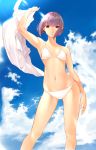  1girl absurdres arm_up bangs bikini blue_sky blunt_bangs bob_cut breasts clouds collarbone contrapposto day dress_shirt eyebrows_visible_through_hair highres hip_bones holding inaba_makoto legs_apart looking_at_viewer mole mole_on_neck navel original outdoors parted_lips purple_hair shirt short_hair sky small_breasts solo standing sunlight swimsuit violet_eyes white_bikini 