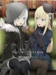  2girls absurdres black_cloak black_headwear black_legwear blonde_hair blue_coat blue_eyes blurry blurry_background cloak coat_dress crossed_legs dress fate_(series) feeding flower gray_(lord_el-melloi_ii) green_eyes grey_skirt hair_flower hair_ornament hat highres hood hood_up hooded_cloak long_hair looking_at_another lord_el-melloi_ii_case_files miniskirt multiple_girls open_mouth pantyhose plaid plaid_skirt pleated_skirt reines_el-melloi_archisorte shiny shiny_hair short_dress short_hair silver_hair sitting skirt straight_hair thigh-highs twitter_username user_smgj5887 very_long_hair white_flower zettai_ryouiki 