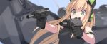  1girl bangs black_gloves black_leotard blonde_hair blush captain_america_the_winter_soldier cat_ear_headphones dual_wielding girls_frontline gloves green_eyes gun headphones holding holding_gun holding_weapon leotard long_hair marvel mechanical_wings open_mouth parody solo steyr_tmp submachine_gun tab_(tabkun) the_falcon tmp_(girls_frontline) upper_body weapon wings 