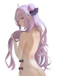  1girl absurdres ahoge argyle_cutout azur_lane back backless_dress backless_outfit bare_shoulders black_bow bow closed_mouth commentary_request detached_sleeves dress from_behind hair_bun halterneck heart heart-shaped_pupils highres holding holding_hair long_hair long_sleeves looking_at_viewer looking_back purple_hair ru_zhai side_bun side_cutout sidelocks simple_background solo symbol-shaped_pupils unicorn_(azur_lane) upper_body white_background white_dress 