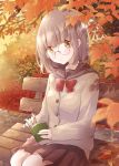  1girl autumn autumn_leaves bench black_sailor_collar black_skirt blurry book bookmark bow bowtie cardigan commentary_request day depth_of_field eyebrows_visible_through_hair feet_out_of_frame glasses head_tilt highres holding holding_book hoshiibara_mato leaf light_brown_hair looking_at_viewer maple_leaf open_book open_mouth original outdoors parted_lips pleated_skirt reading red_neckwear rimless_eyewear sailor_collar school_uniform serafuku short_hair sitting skirt solo tree 