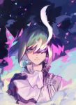  1boy androgynous cravat fire glowing glowing_eye green_fire green_hair ke889 lio_fotia mad_burnish male_focus promare purple_fire purple_hair violet_eyes 