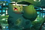  :3 blue_sky blurry blurry_background bulbasaur claws clouds day dew_drop fangs full_body gen_1_pokemon happy highres leaf lily_pad looking_up no_humans open_mouth outdoors plant pokemon pokemon_(creature) red_eyes sitting sky smile solo water water_drop yukifuri_tsuyu 