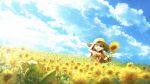  1girl ;d blue_sky blurry brown_eyes brown_hair commentary_request depth_of_field dress field flower flower_field gen_2_pokemon hand_on_headwear hand_up hat highres holding holding_flower long_hair mikan_(pokemon) odd_one_out one_eye_closed open_mouth pokemon pokemon_(creature) pokemon_(game) pokemon_hgss red_ribbon ribbon ribero sky sleeveless smile straw_hat summer sunflora sunflower when_you_see_it younger 