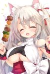  1girl :d ^_^ animal_ear_fluff animal_ears azur_lane bangs bare_shoulders blush bow breasts closed_eyes dog_ears eyebrows_visible_through_hair facing_viewer fang fingernails food hair_between_eyes hair_bow hands_up highres holding holding_food japanese_clothes large_breasts long_fingernails long_hair meat mikagami_mamizu nail_polish obi open_mouth purple_nails sash scrunchie silver_hair simple_background skewer smile solo thick_eyebrows two_side_up under_boob underboob_cutout upper_body very_long_hair white_background white_bow wrist_scrunchie yuudachi_(azur_lane) 