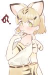  1girl ? absurdres animal_ear_fluff bangs bare_shoulders blonde_hair commentary elbow_gloves extra_ears eyebrows_visible_through_hair from_side gloves green_eyes hand_on_own_chin highres japari_symbol kemono_friends kona_ming looking_at_viewer parted_lips print_gloves print_neckwear print_skirt sand_cat_(kemono_friends) sand_cat_print shirt short_hair simple_background skirt sleeveless sleeveless_shirt solo white_background white_shirt 
