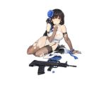  1girl alternate_costume assault_rifle bangs black_hair blue_bow blue_flower bow breasts brown_gloves brown_legwear bullpup closed_mouth elbow_gloves flower girls_frontline gloves gun hair_between_eyes hair_flower hair_ornament hand_to_own_mouth large_breasts long_hair looking_at_viewer nishiro_ryoujin official_art qbz-95 qbz-95_(girls_frontline) rifle shoes sitting solo thigh-highs torn_clothes torn_legwear transparent_background very_long_hair weapon white_footwear yellow_eyes 