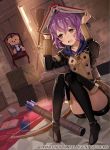  1girl arrow bernadetta_von_varley book bow_(weapon) broom chair company_name copyright_name crate door fire_emblem fire_emblem:_three_houses fire_emblem_cipher garreg_mach_monastery_uniform grey_eyes holding holding_book long_sleeves official_art open_book open_mouth purple_hair quiver short_hair sitting solo stuffed_animal stuffed_toy teddy_bear tobi_(kotetsu) uniform weapon 