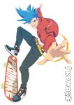  1boy blue_eyes blue_hair casual copyright_name foreshortening galo_thymos jacket kengo looking_at_viewer male_focus open_mouth outstretched_hand pants promare skateboard smile spiky_hair white_background 