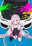  1girl bare_shoulders between_legs black_choker blonde_hair blue_background blue_eyes boots braid car choker detached_sleeves expressionless full_body gontyuu ground_vehicle hand_between_legs highres ia_(vocaloid) long_hair looking_at_viewer motor_vehicle multicolored_hair paint_on_face paint_splatter pink_hair pink_skirt pleated_skirt single_thighhigh sitting skirt solo streaked_hair thigh-highs thigh_strap twin_braids two-tone_hair very_long_hair vocaloid wariza white_footwear 