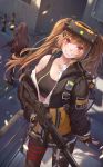  2girls alley black_bra black_gloves black_jacket black_legwear blush bra breasts brown_eyes brown_hair commentary dutch_angle english_commentary fingerless_gloves girls_frontline gloves grin gun h&amp;k_ump h&amp;k_ump45 h&amp;k_ump9 hair_ornament hairclip head_mounted_display highres jacket jay_xu large_breasts light_brown_hair long_hair looking_at_viewer multiple_girls off_shoulder one_side_up open_clothes open_jacket pantyhose ribbon scar scar_across_eye shirt smile solo_focus sports_bra submachine_gun thigh_ribbon thigh_strap trigger_discipline twintails ump45_(girls_frontline) ump9_(girls_frontline) unbuttoned unbuttoned_shirt underwear weapon white_shirt 