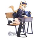  1girl alternate_costume animal_ear_fluff animal_ears bag bangs black_legwear black_shorts blonde_hair blue_eyes blue_headwear blue_shirt blush breasts cat_ears cat_tail chair desk ears_through_headwear eyebrows_visible_through_hair fang food food_in_mouth girls_frontline goggles goggles_removed gun hat holster idw_(girls_frontline) kisetsu kneeling large_breasts long_hair looking_at_viewer m500_(girls_frontline) mossberg_500 mouth_hold official_art school_bag shirt shoes shoes_removed shorts shotgun smile snap-fit_buckle sneakers socks solo tail toast toast_in_mouth transparent_background weapon white_footwear 