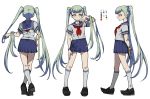  1girl arm_behind_back back bangs character_sheet closed_mouth enouchi_ai from_side green_hair hand_on_hip light_green_hair long_hair original palette red_neckwear school_uniform simple_background solo standing twintails very_long_hair walking white_background white_nails yellow_eyes 