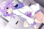  1girl bare_legs barefoot blush d-pad d-pad_hair_ornament from_side hair_ornament hood hood_down hooded_jacket iwasi-r jacket looking_at_viewer neptune_(neptune_series) neptune_(series) panties purple_hair short_hair short_hair_with_long_locks solo striped striped_panties underwear undressing violet_eyes 