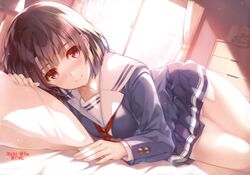  absurdres blue_skirt brown_eyes brown_hair highres katou_megumi looking_at_viewer misaki_kurehito on_bed panties saenai_heroine_no_sodatekata school_uniform short_hair skirt skirt_lift underwear 