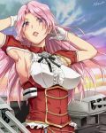  1girl armpit_cutout blush clouds cloudy_sky eyebrows_visible_through_hair gloves kantai_collection long_hair luigi_di_savoia_duca_degli_abruzzi_(kantai_collection) machinery nolia pink_eyes pink_hair rigging short_sleeves sky turret white_gloves 