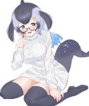  1girl :d absurdres anchor_hair_ornament aqua_hair black-framed_eyewear black_footwear blowhole blue_eyes blue_hair blue_whale_(kemono_friends) blush boots commentary_request dorsal_fin dress eyebrows_visible_through_hair glasses grey_hair hair_ornament hairclip hand_on_own_face highres kemono_friends kona_ming long_hair long_sleeves looking_at_viewer multicolored_hair open_mouth ribbed_sweater semi-rimless_eyewear simple_background sitting smile solo sweater sweater_dress tail thigh-highs thigh_boots turtleneck turtleneck_sweater under-rim_eyewear upper_teeth wariza whale_tail_(animal_tail) white_background white_sweater zettai_ryouiki 